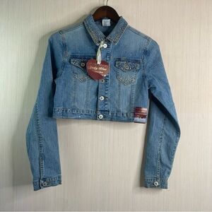 Cropped Denim Jacket with Embellished Collar - Light Blue